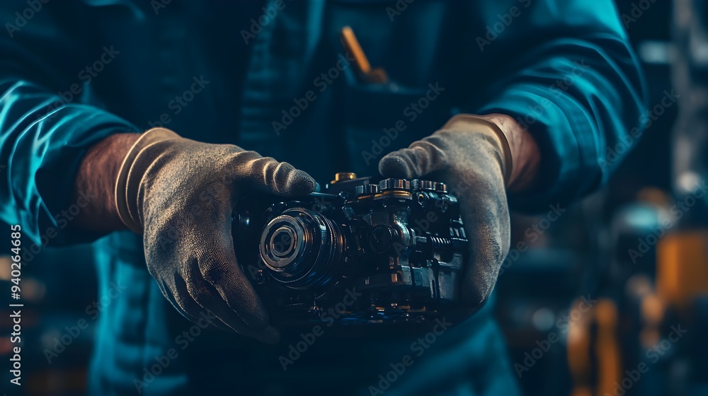 Photographer s Hands Holding a Professional Amid a Cluttered Workspace Photographer s Hands Holding a Professional Amid a Cluttered Workspace
