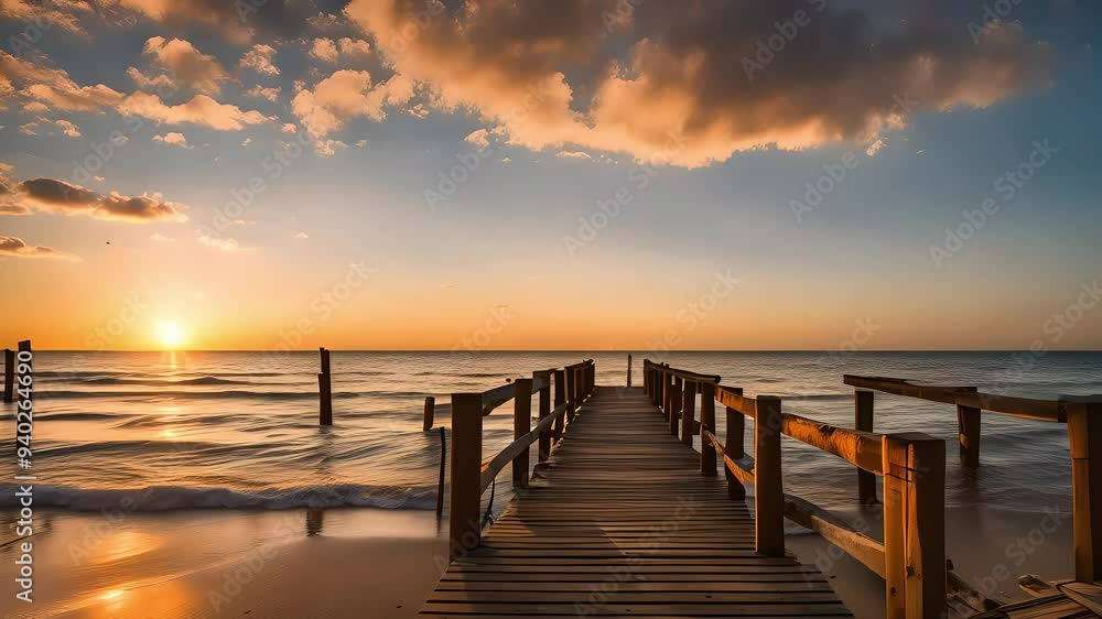 Warm Sunset and Wooden Pier on Tranquil Beach