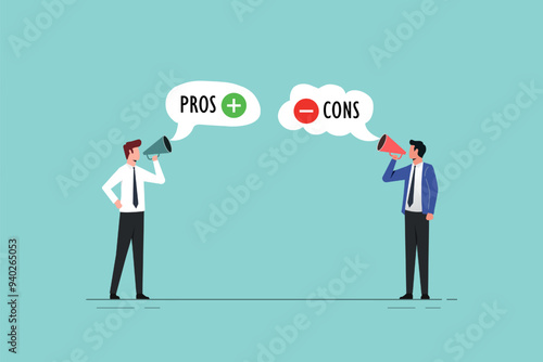 Pros and cons on speech bubbles. Decision making and problem analysis. Risk planning. Advantages and disadvantages. Evaluating possible profit and losses
