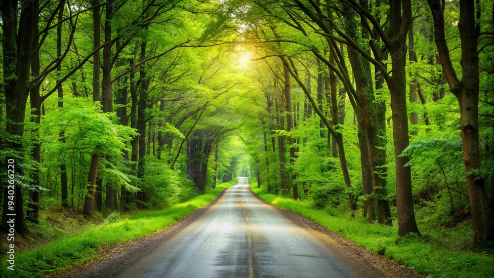 Fototapeta premium Scenic forest road with lush green trees on both sides, winding, road, forest, trees, lush, green, scenic, route