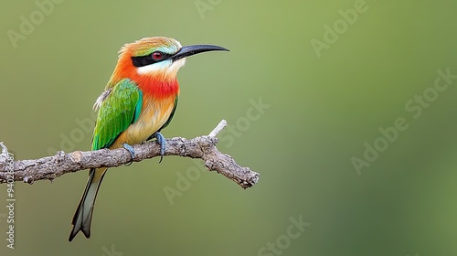 Colorful bird with a long, black beak perched on a branch against a blurred green background.