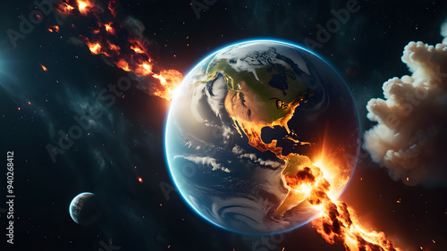 Planet earth in outer space engulfed in flames. Concept of natural disasters global warming apocalypse war judgment day.