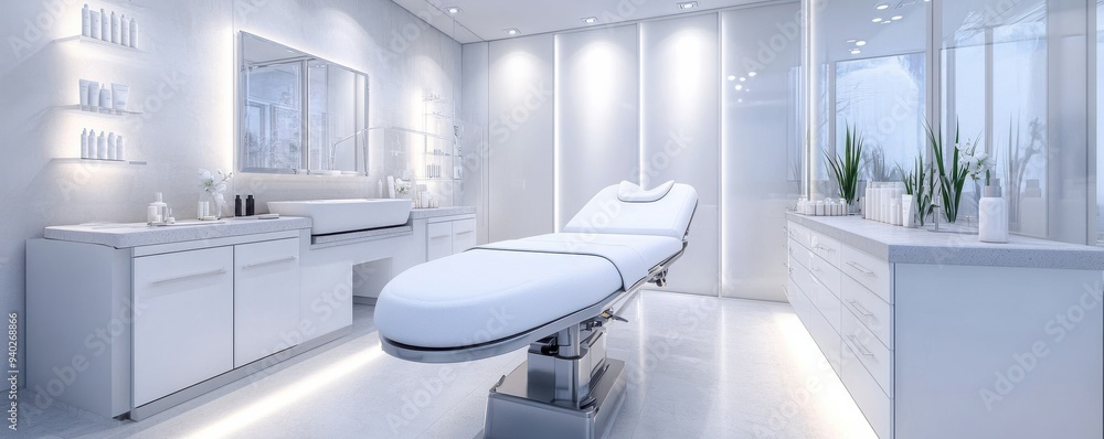 Modern, bright aesthetic treatment room designed for skin care and beauty procedures with a comfortable treatment bed. Modern, bright aesthetic treatment room designed for skin care and beauty procedures with a comfortable treatment bed.