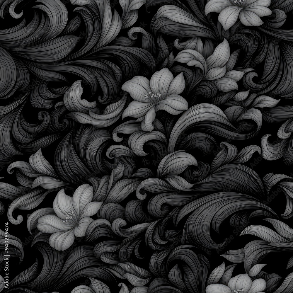 Black and White Floral Pattern with Ornate Leaves Black and White Floral Pattern with Ornate Leaves
