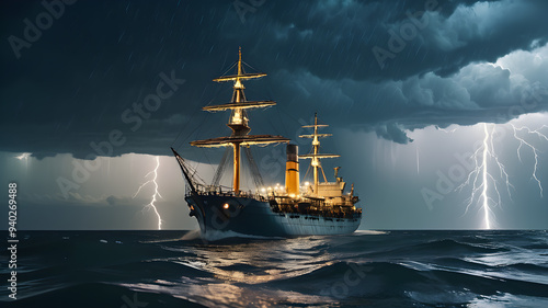  Boat in storm with a Flash of lightning on dark background. Cloud storm sky with thunderbolt over rural landscape.