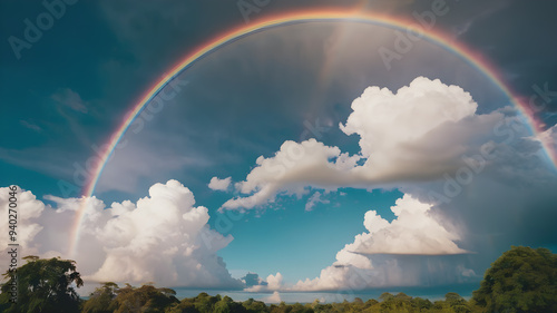 Colored rainbows with clouds. Rainbow in sky, weather cloud