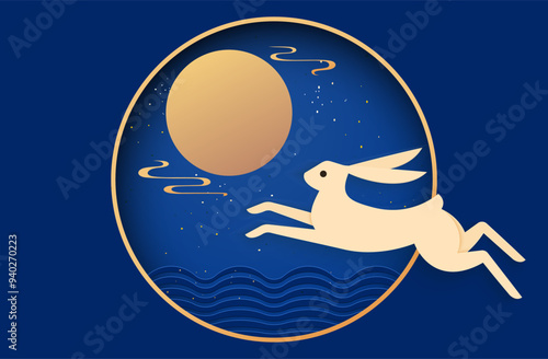 Mid-Autumn Festival vector illustration, full moon and jade rabbit