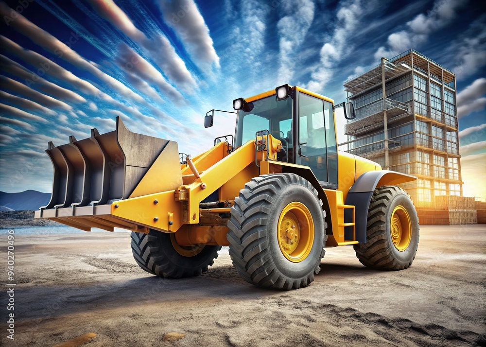 A powerful yellow wheel loader truck with hydraulic arm and giant wheels stands idle in a modern 3D illustration of a construction site. A powerful yellow wheel loader truck with hydraulic arm and giant wheels stands idle in a modern 3D illustration of a construction site.