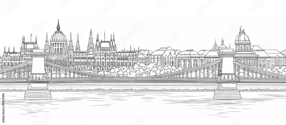 Fototapeta premium Vector illustration of a line art sketch of Budapest, Hungary, featuring the Parliament building and the river