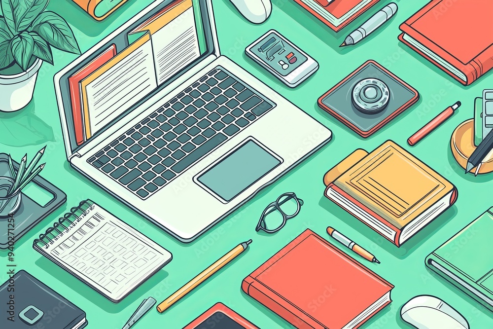 Illustration of educational learning tools set on table created with Generative AI Illustration of educational learning tools set on table created with Generative AI