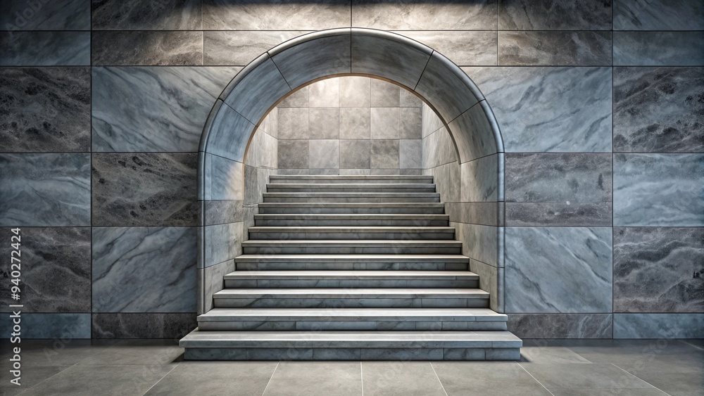 Fototapeta premium Marble stairs under grey marble arch with stone wall background for modern product display , marble stairs