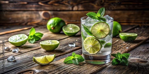 A refreshing glass of sparkling water with sliced lime and mint leaves garnish, surrounded by ice cubes, on a rustic wooden table background. photo