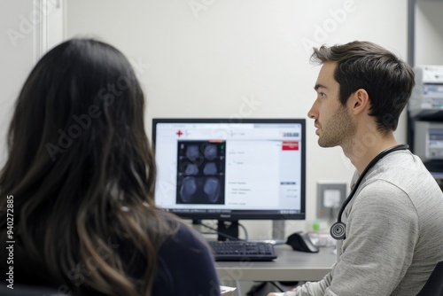 Wallpaper Mural A healthcare provider assesses a patient’s vision and hearing as part of a routine check-up. The room is equipped and attentive, Generative AI Torontodigital.ca
