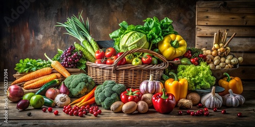 Fototapeta Naklejka Na Ścianę i Meble -  Carrubba still life featuring a variety of fruits and vegetables on a rustic table , carrubba, still life, fruits, vegetables, art