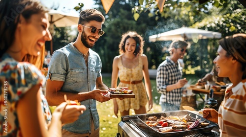 A group of friends having a barbeque in a backyard. photo