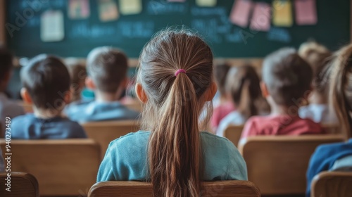 Engaged Children in a Classroom Attentively Listening to a Teacher's Lecture, with an Educational Blackboard in the Background