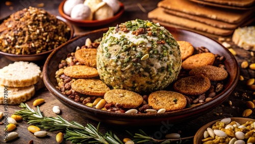 A rich and earthy blend of Herby Chèvre Cheese Ball mix, crafted with rustic charm, pairs well with rustic appetizers and complements earthy colors, perfect for gatherings. photo