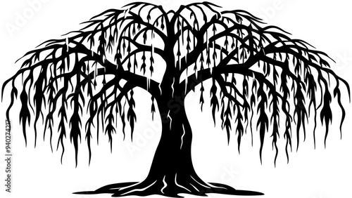 Willow Tree Outline with Drooping Branches: Classic Drawing for Graphic Design