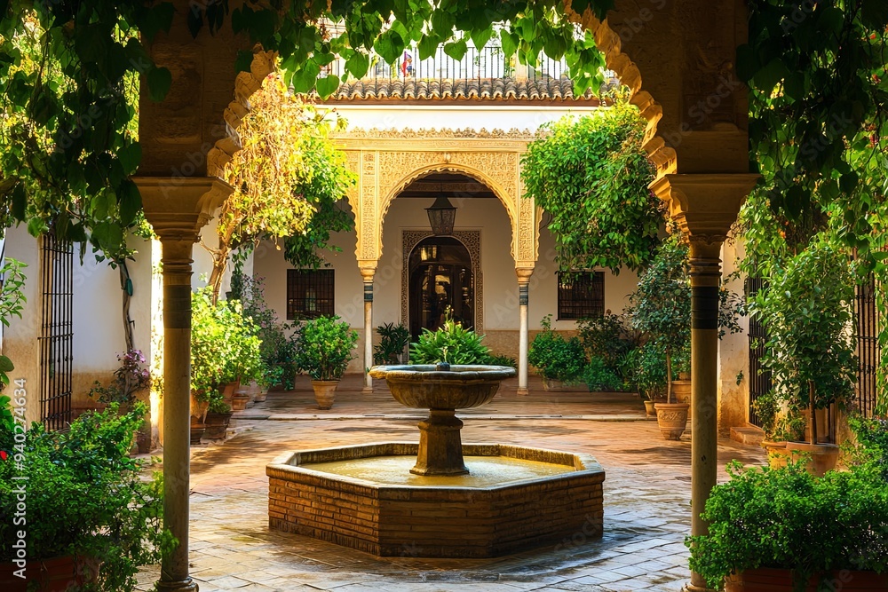 Fototapeta premium A view of a fountain in a courtyard with ornate archways and columns.