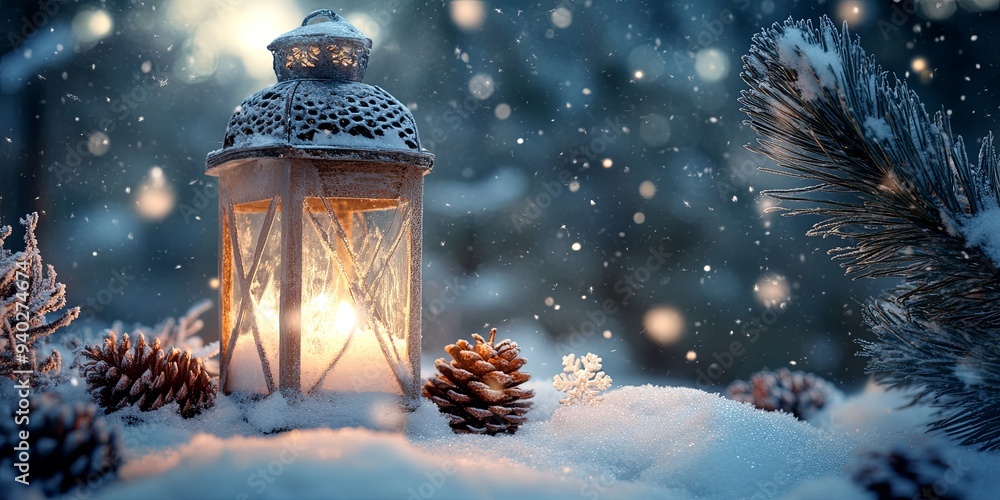 A lantern glowing in the snowy forest with pine cones, snow, and a snowflake.