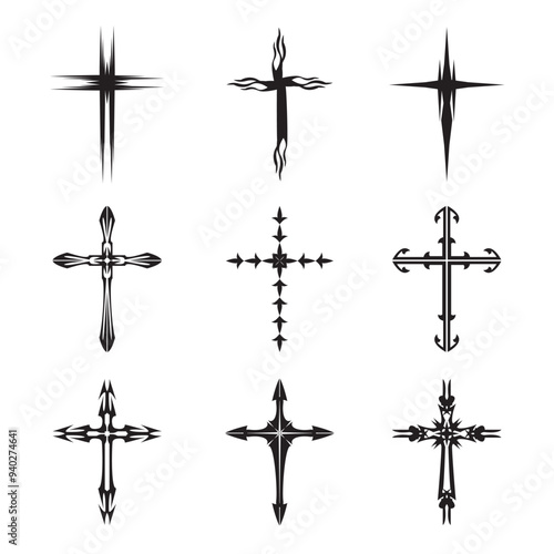 Christian cross vector icon symbols.  Abstract christian religious belief or faith art illustration for orthodox or catholic design. The symbol of the cross in various designs used in tattoo.	
