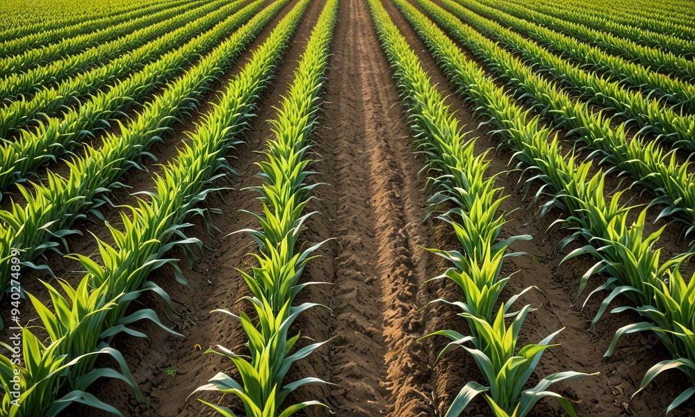 Rows of young corn plants in a field during the golden hour, with warm ...