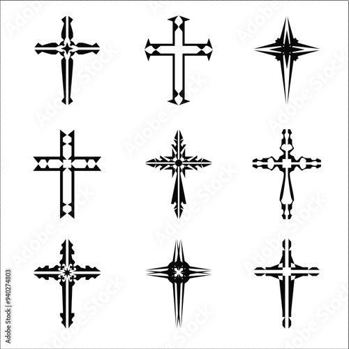 Christian cross vector icon symbols.  Abstract christian religious belief or faith art illustration for orthodox or catholic design. The symbol of the cross in various designs used in tattoo.	
