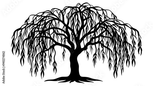 Willow Tree Outline with Drooping Branches: Classic Drawing for Graphic Design