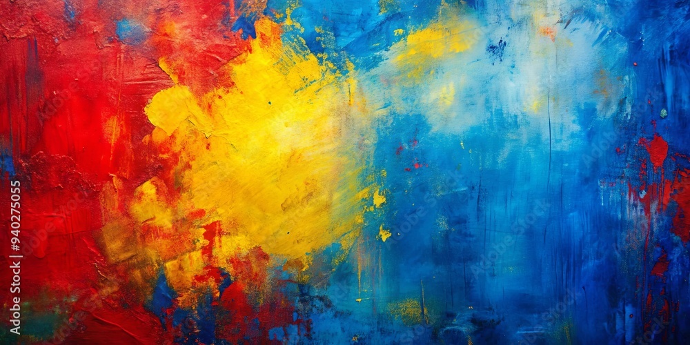 Colorful abstract painting with blue and yellow background and red accents, abstract, painting, colorful, blue Colorful abstract painting with blue and yellow background and red accents, abstract, painting, colorful, blue