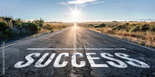 The word "Success" painted on the straight asphalt road