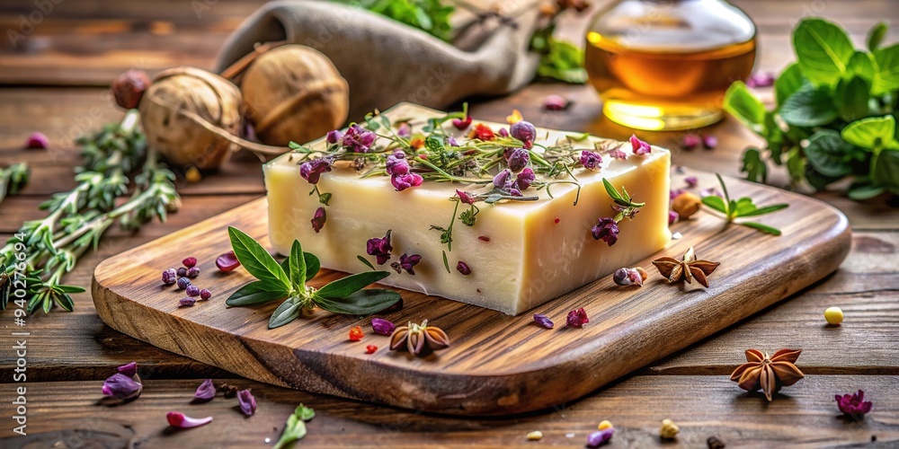 A rustic, artisanal soap bar with a swirl of olive oil and dried botanicals rests on a wooden cutting board, surrounded by fresh herbs and petals. A rustic, artisanal soap bar with a swirl of olive oil and dried botanicals rests on a wooden cutting board, surrounded by fresh herbs and petals.