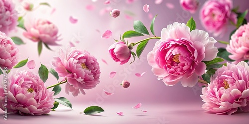 Fototapeta Naklejka Na Ścianę i Meble -  Lovely flying pink peonies overlay frame with falling petals on background, peonies, pink, flowers, flying, petals, overlay