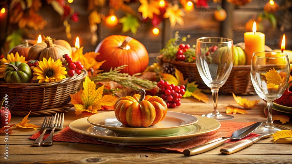 Autumn-themed Thanksgiving dinner table setting with colorful decorations , Fall, Thanksgiving, harvest, autumn Autumn-themed Thanksgiving dinner table setting with colorful decorations , Fall, Thanksgiving, harvest, autumn