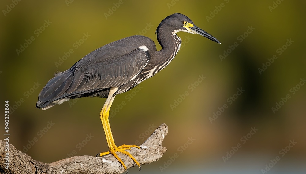 Fototapeta premium A gray heron with yellow legs stands on a branch with a blurred green and brown background.