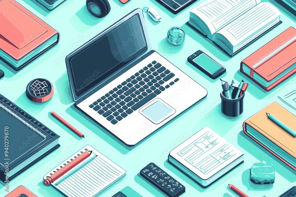 Illustration of educational learning tools set on table created with Generative AI Illustration of educational learning tools set on table created with Generative AI