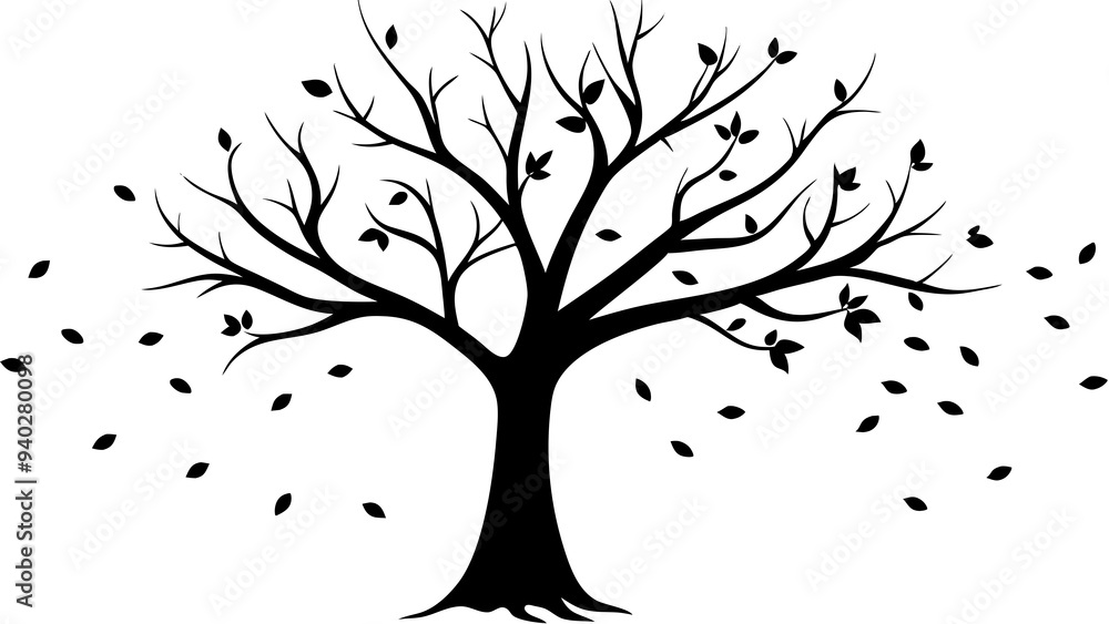 Fall Season Tree: Bare Branches and Falling Leaves - High-Resolution Artwork Fall Season Tree: Bare Branches and Falling Leaves - High-Resolution Artwork