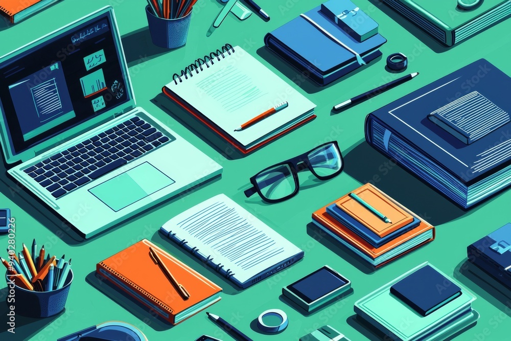 Illustration of educational learning tools set on table created with Generative AI Illustration of educational learning tools set on table created with Generative AI