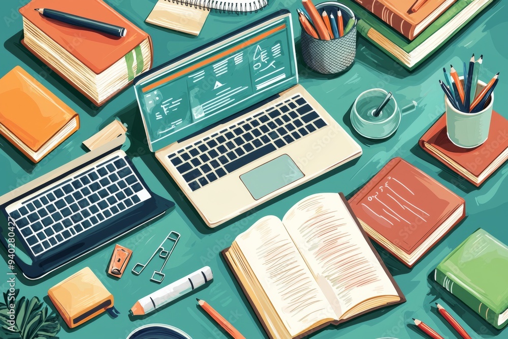 Illustration of educational learning tools set on table created with Generative AI