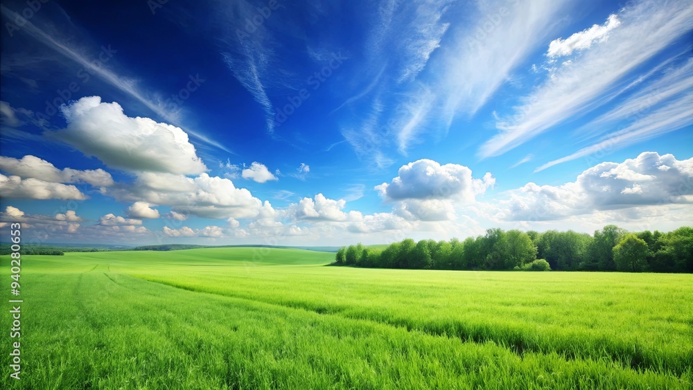 Obraz premium Lush green field under a clear blue sky with no visible structures, meadow, countryside, nature, outdoors, landscape