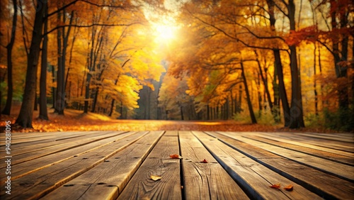 Autumn leaves framing wooden deck with warm golden light tranquil outdoor setting and cozy seasonal background