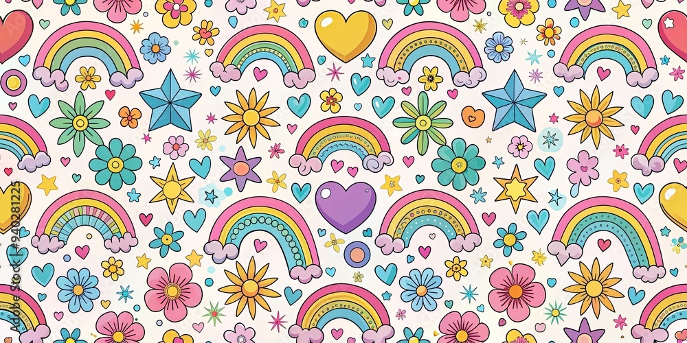 Seamless pattern of cute rainbows, flowers, hearts, and stars, rainbows, flowers, hearts, stars, seamless, pattern, cute Seamless pattern of cute rainbows, flowers, hearts, and stars, rainbows, flowers, hearts, stars, seamless, pattern, cute