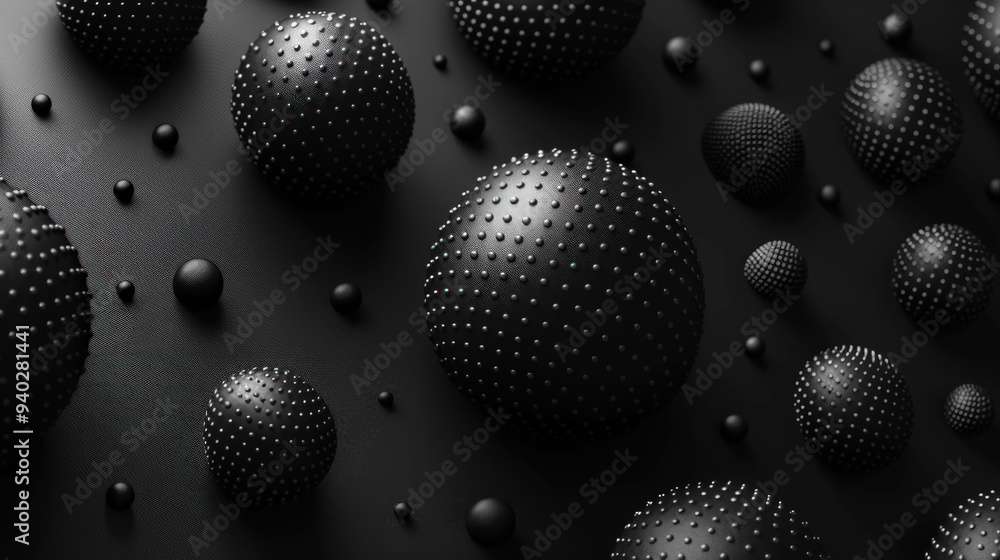 Black spheres with lots of dots are scattered all over the background. An abstract scientific space surface. Particles of molecules that create a unique texture Black spheres with lots of dots are scattered all over the background. An abstract scientific space surface. Particles of molecules that create a unique texture