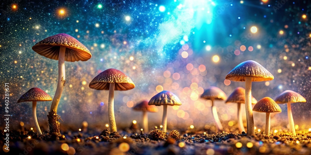 Glittering mushrooms scattered against a space background, glitter, mushrooms, space, background, fantasy, magical Glittering mushrooms scattered against a space background, glitter, mushrooms, space, background, fantasy, magical