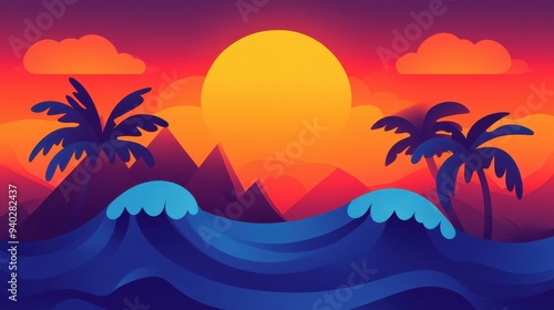 Abstract illustration of dark ocean waves and a glowing island, featuring a modern flat design with textured details. photo