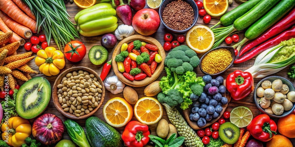 Colorful and Varied Food Background with Abundance of Fresh and Healthy foods. Food pattern, close-up wallpaper Colorful and Varied Food Background with Abundance of Fresh and Healthy foods. Food pattern, close-up wallpaper