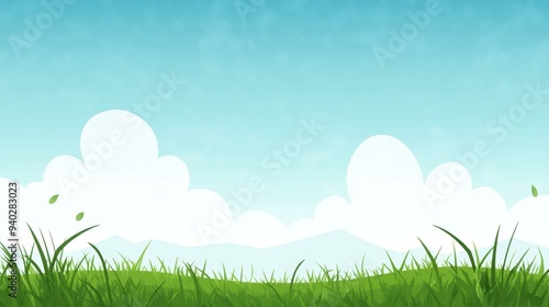 Vibrant green landscape featuring bokeh effects, blending a modern flat illustration with a playful cartoon style.