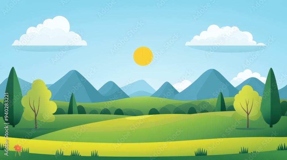 Colorful summer mountain scene with lush green fields and vibrant trees. A cheerful, modern flat illustration bursting with life. Colorful summer mountain scene with lush green fields and vibrant trees. A cheerful, modern flat illustration bursting with life.