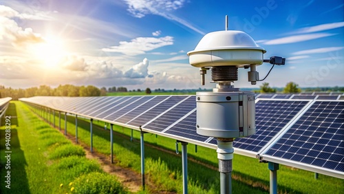 Pyranometer measuring light levels in a solar farm for generating green renewable energy photo