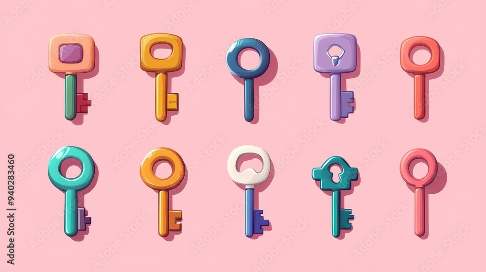 Vibrant keys in varied hues create a playful scene on a soft pink backdrop, bursting with cartoonstyle textures and design. Vibrant keys in varied hues create a playful scene on a soft pink backdrop, bursting with cartoonstyle textures and design.