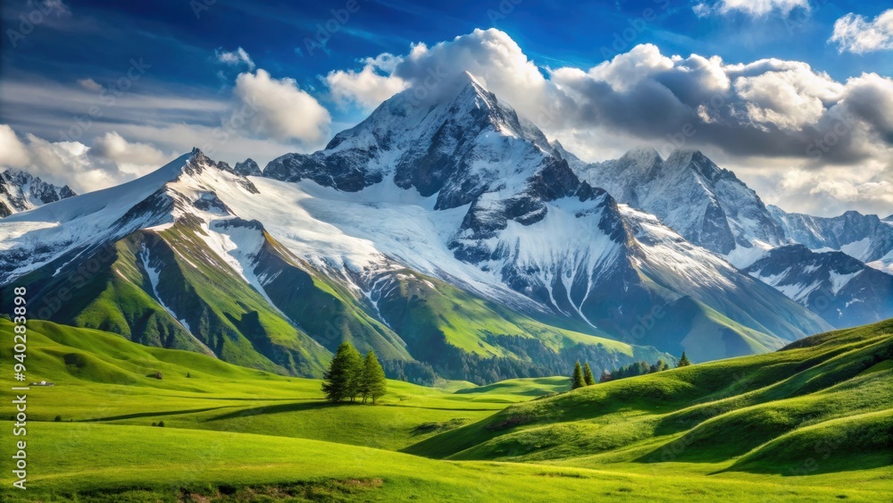 Snow-covered mountain with green meadows and valleys , winter, landscape, scenic, mountains, snow, white, green, meadow Snow-covered mountain with green meadows and valleys , winter, landscape, scenic, mountains, snow, white, green, meadow